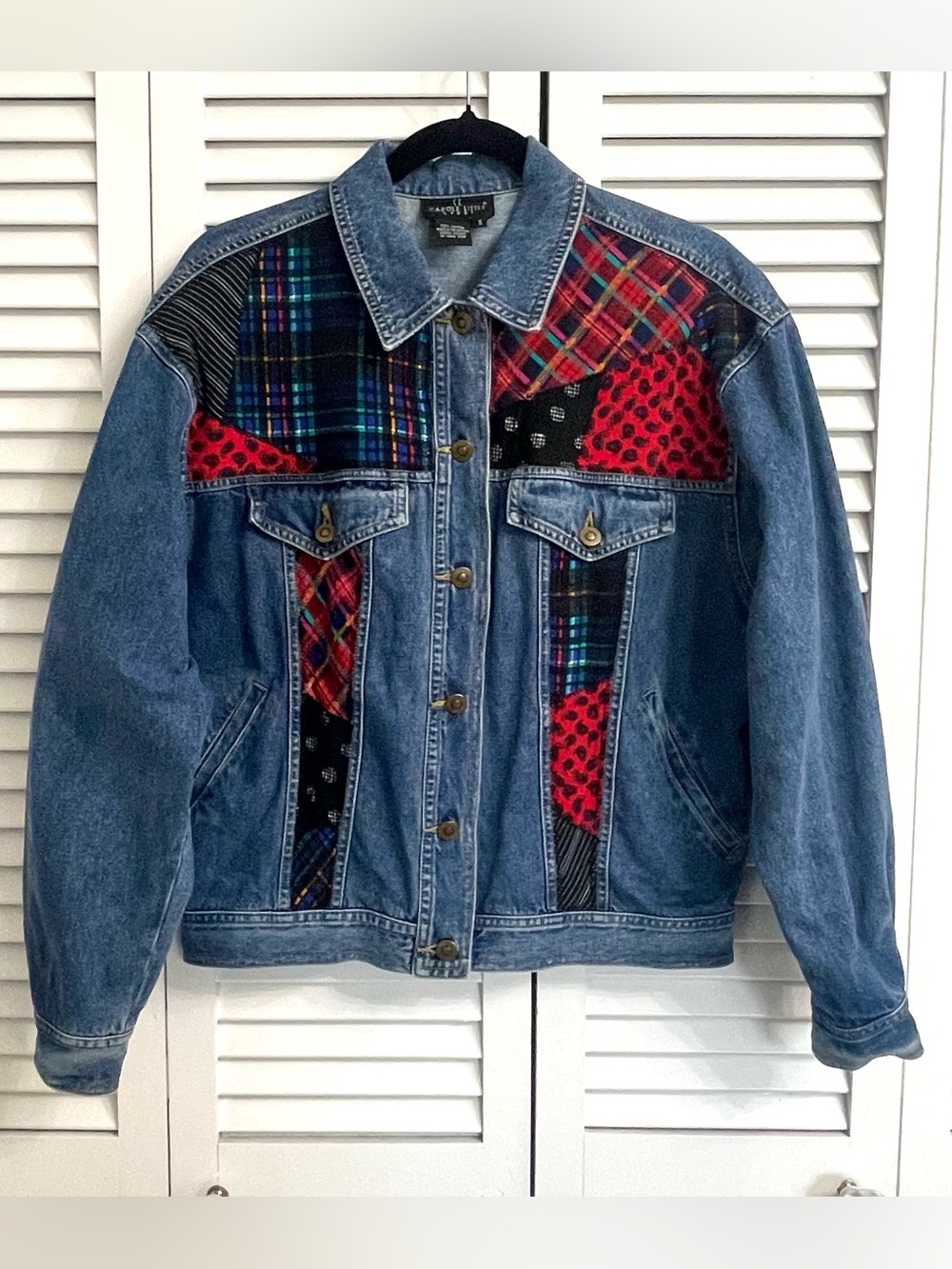 Vintage 90’s Grunge Plaid Patchwork Denim Jacket By Carole Little Art-To-Wear S